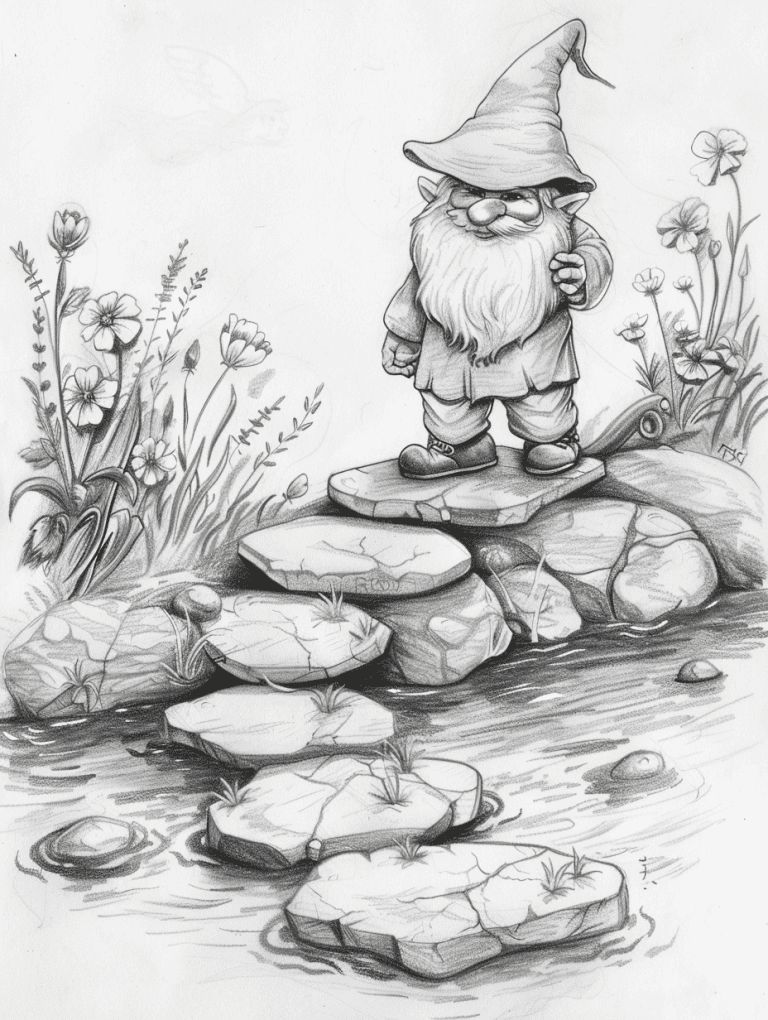 Gnome Walking Through Stepping Stones
