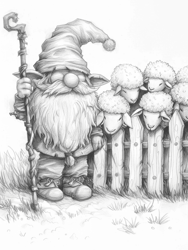 Gnome Watching Flock Of Sheep