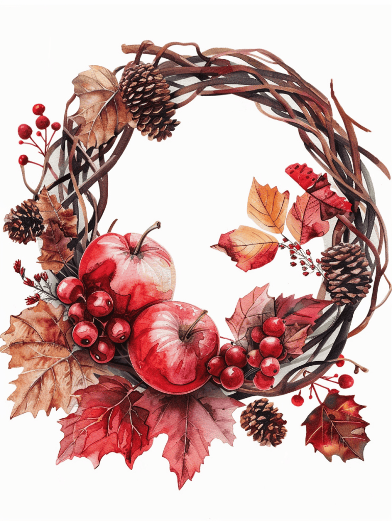 Wreath Adorned With Apples And  Muted Orange-Leaves