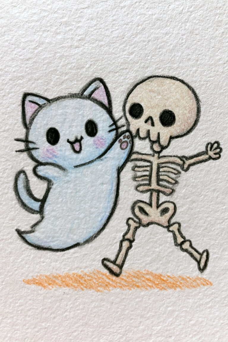 Ghost Cat Dancing With Skeleton