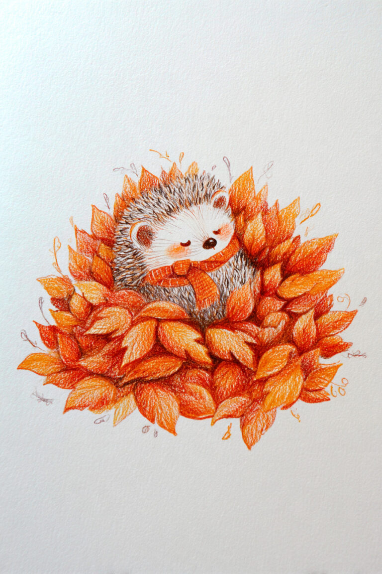 Hedgehog Curled In A Pile Of Leaves