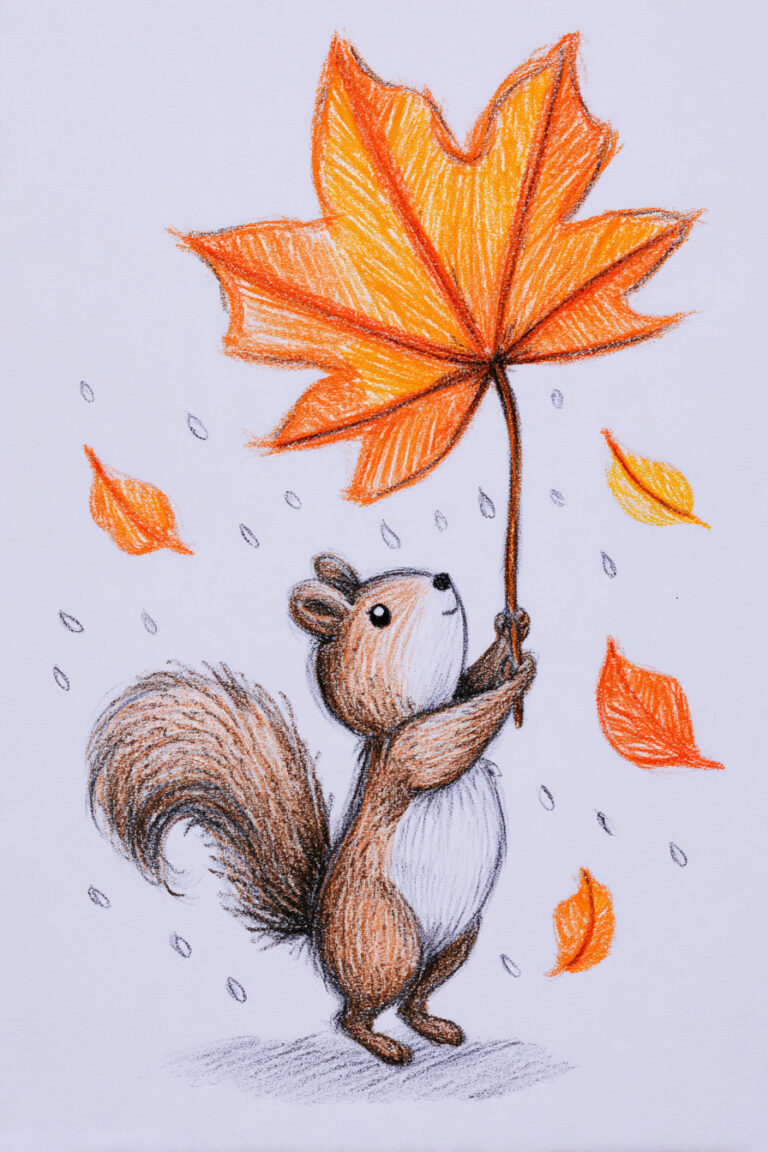 Squirrel Holding Leaf Umbrella