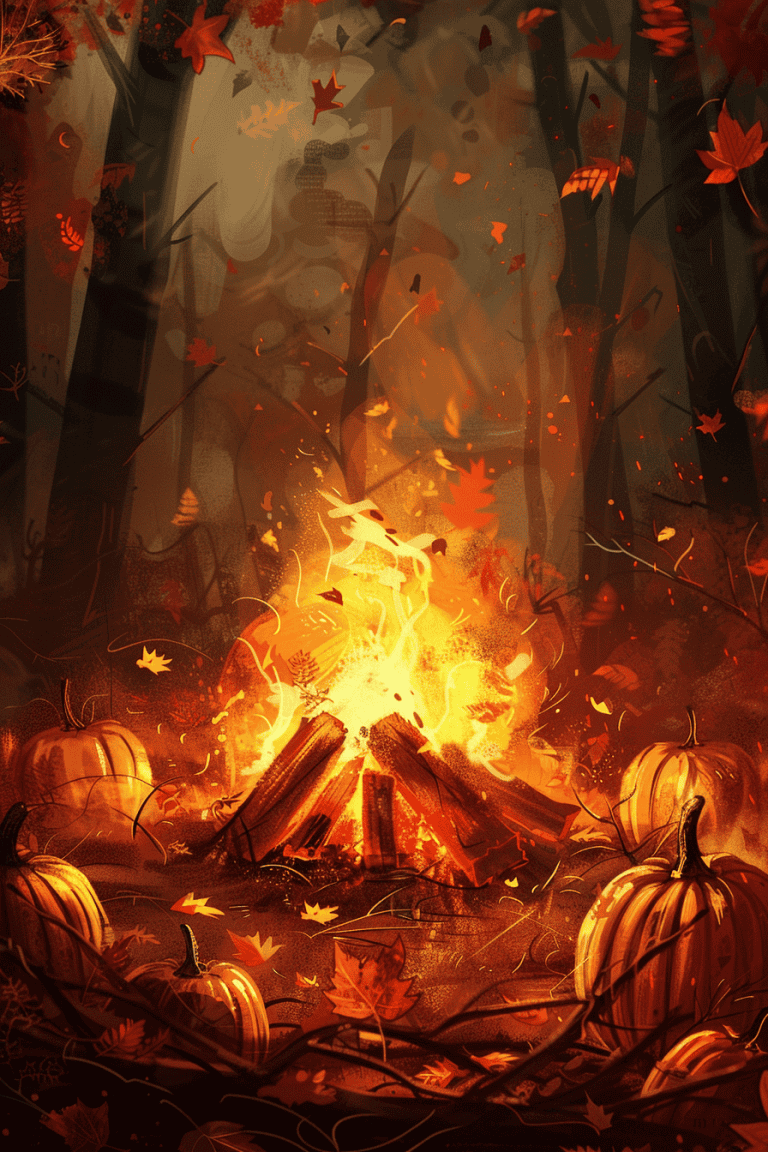 Campfire Surrounded By Pumpkins And Leaves