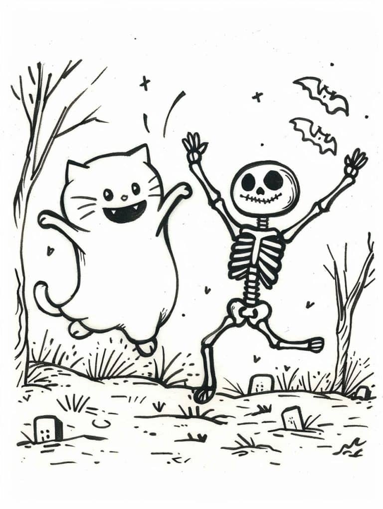 Ghost Cat Dancing With Skeleton