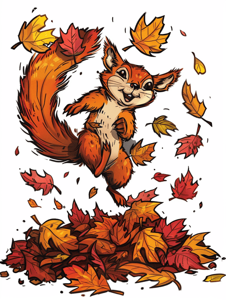 Squirrel Jumping On Pile Of Leaves