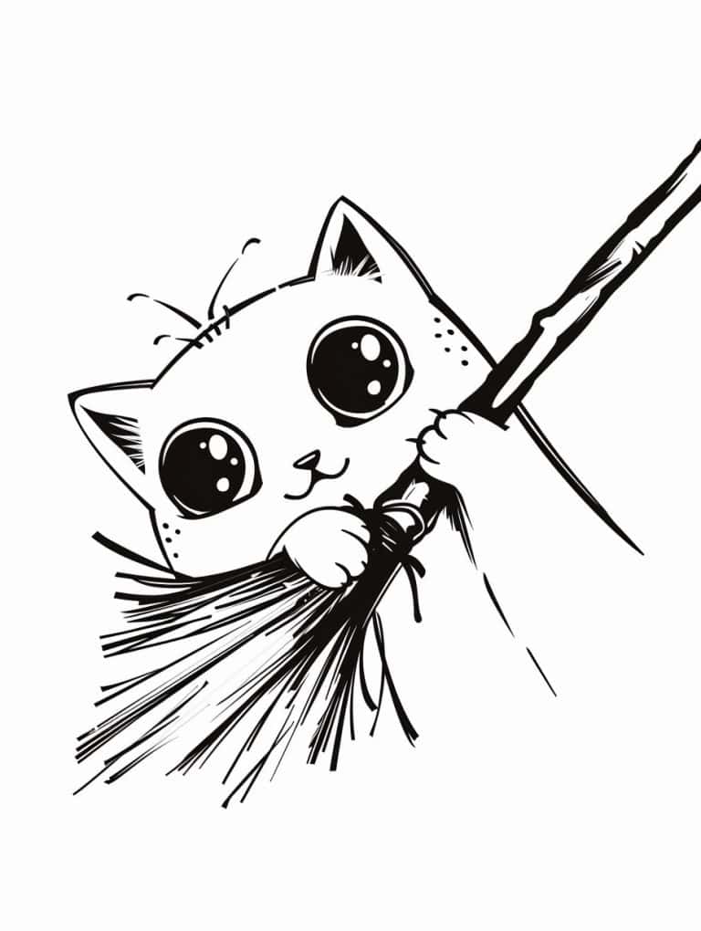Cat Hugging Witch Broom