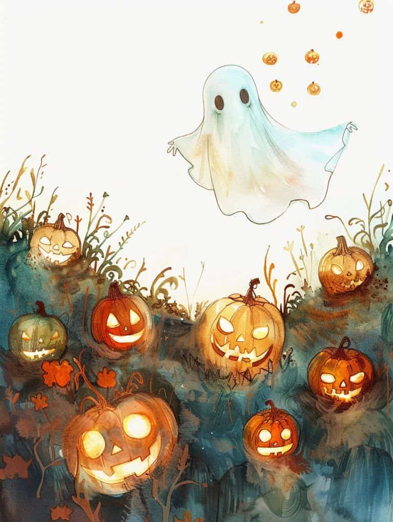 Ghost Floating Above Pumpkin Patch