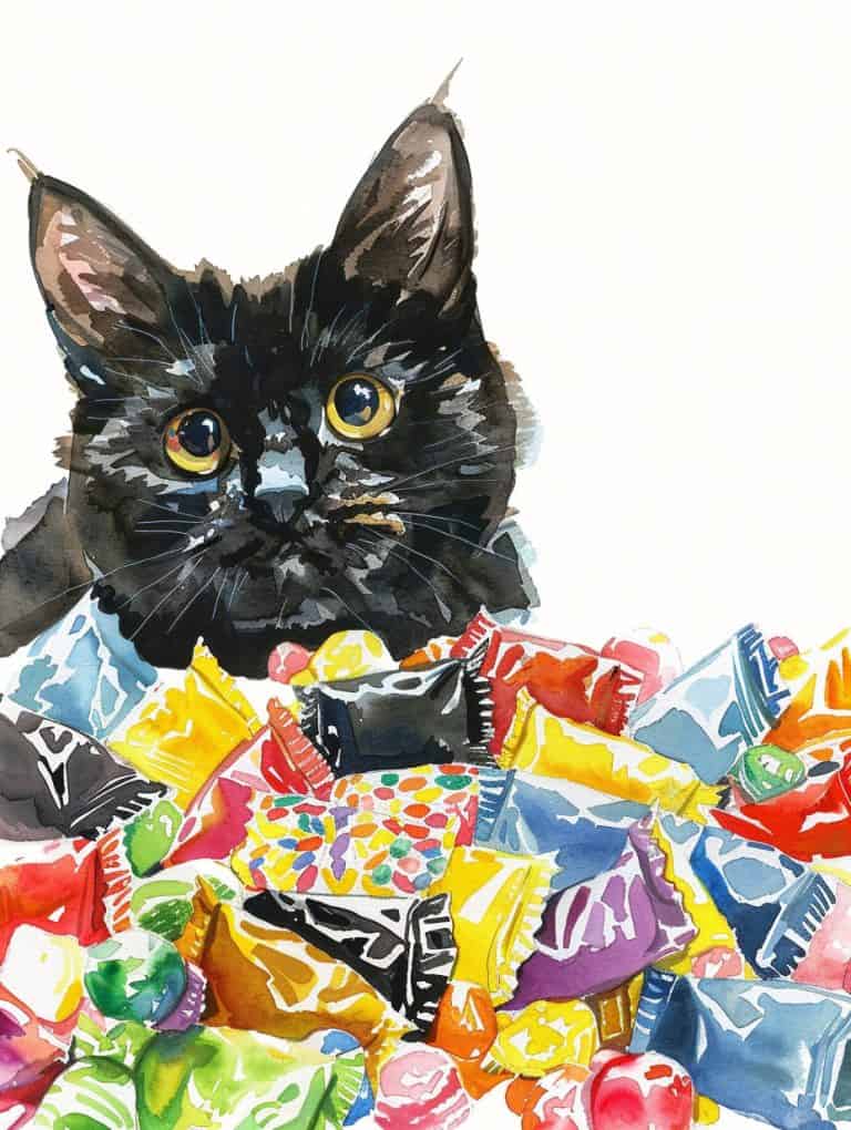 Cat Peeking Out From Pile Of Candy