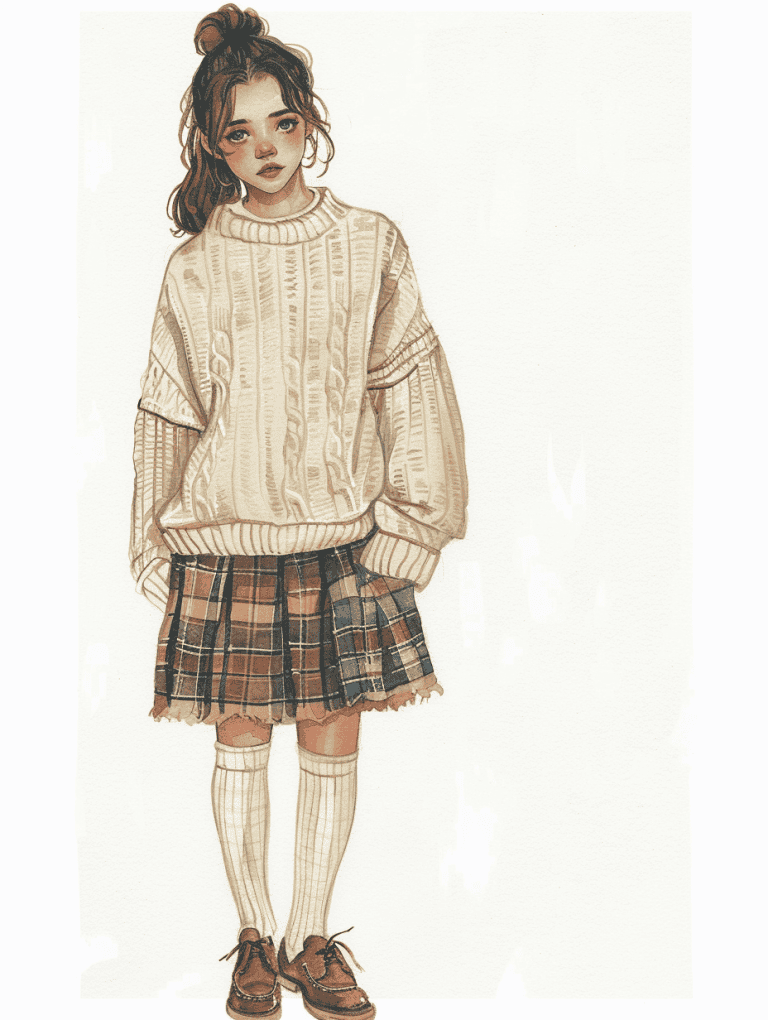 Sweater With Pleated Plaid Mini Skirt