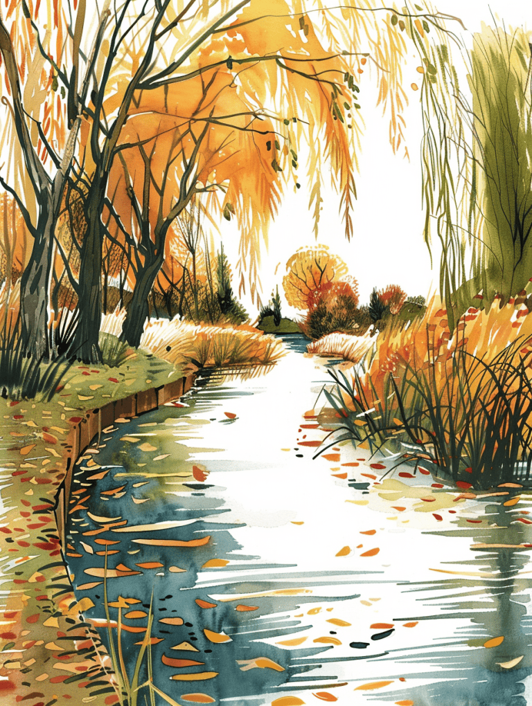 Riverbank Line With Willow Trees