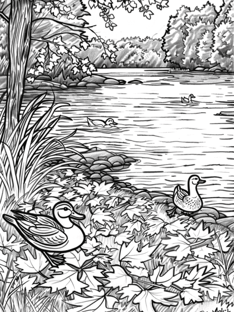 Riverbank  With Scattered Autumn Leaves
