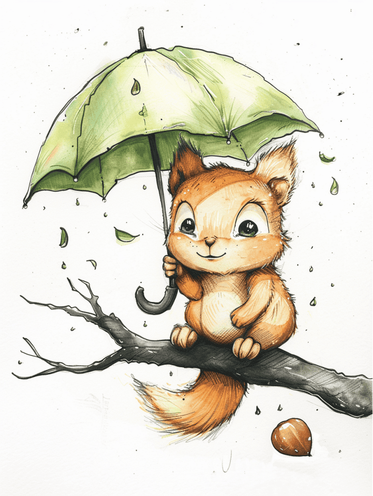 Squirrel Holding Leaf Umbrella