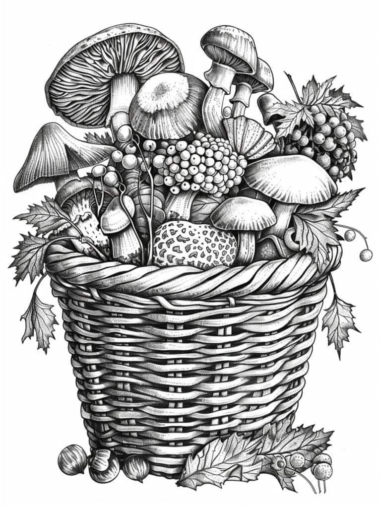 Basket Filled With Mushrooms And Nuts