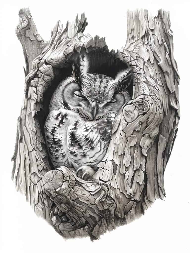 Owl In A Hallow Tree Trunk