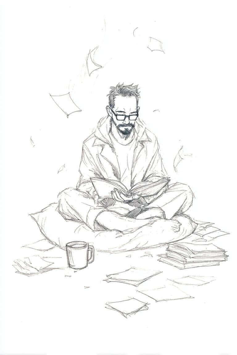 A person sitting cross-legged reading a book