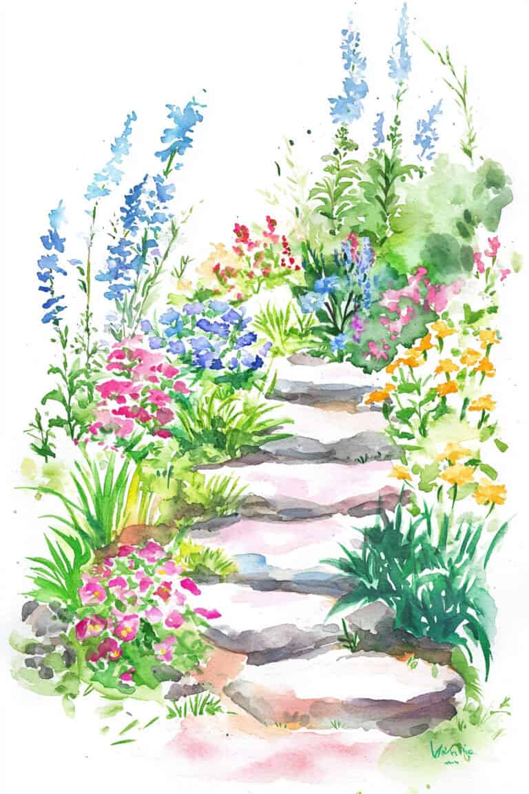 Garden Path with Flowers and Shrubs
