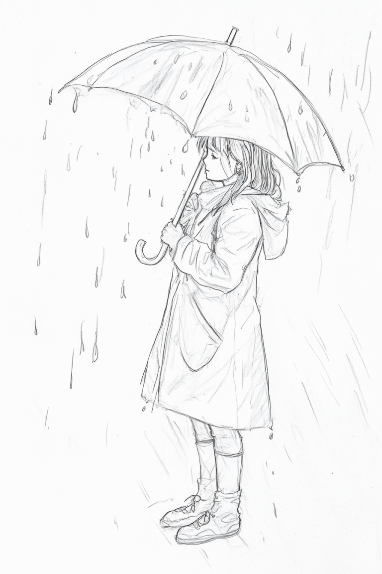 Girl in Raincoat with Umbrella