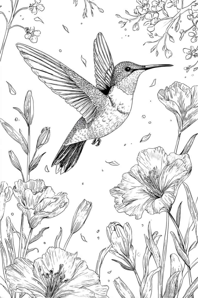 Hummingbird Among Flowers