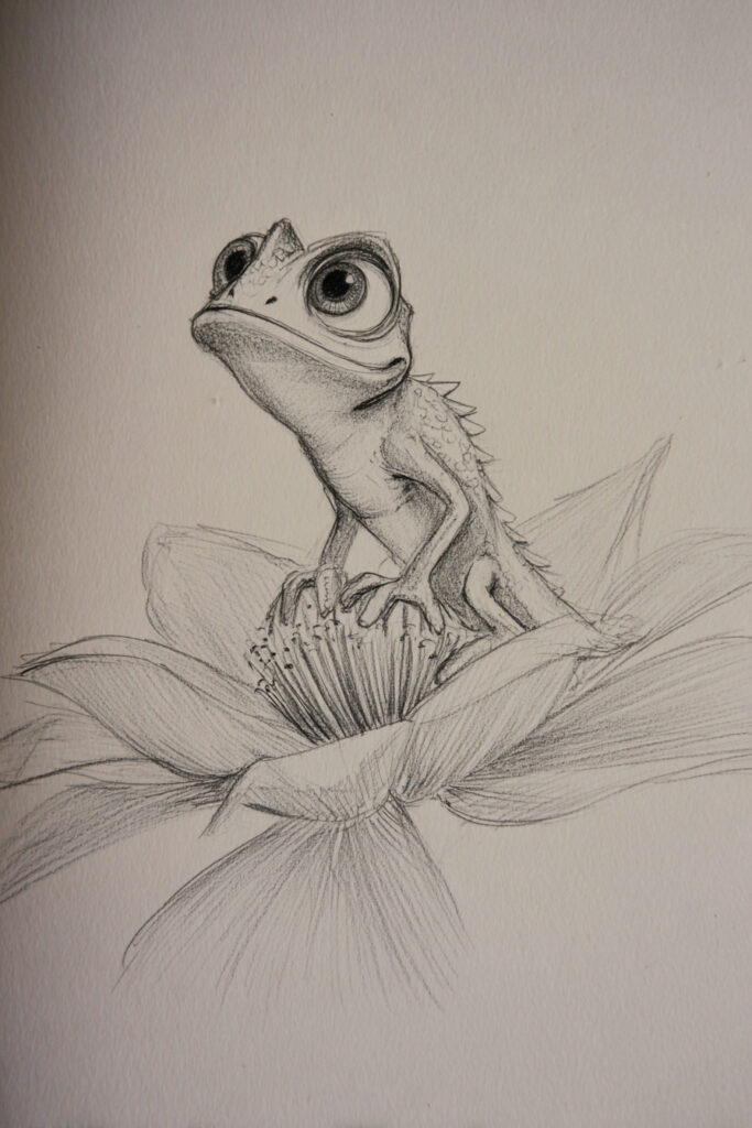 Hand-drawn pencil sketch of Pascal from Tangled