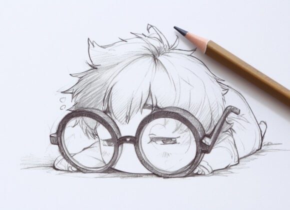 Sketch of a tired child with glasses resting on a flat surface, pencil and eraser nearby.