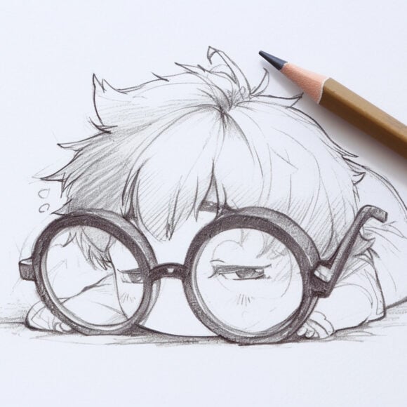 Sketch of a tired child with glasses resting on a flat surface, pencil and eraser nearby.