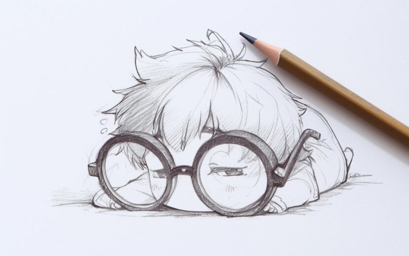 Sketch of a tired child with glasses resting on a flat surface, pencil and eraser nearby.