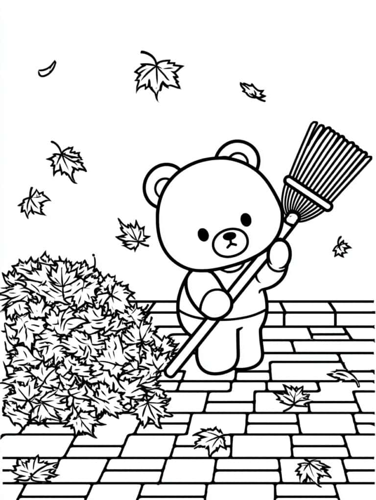1. Cute Bear Raking Autumn Leaves