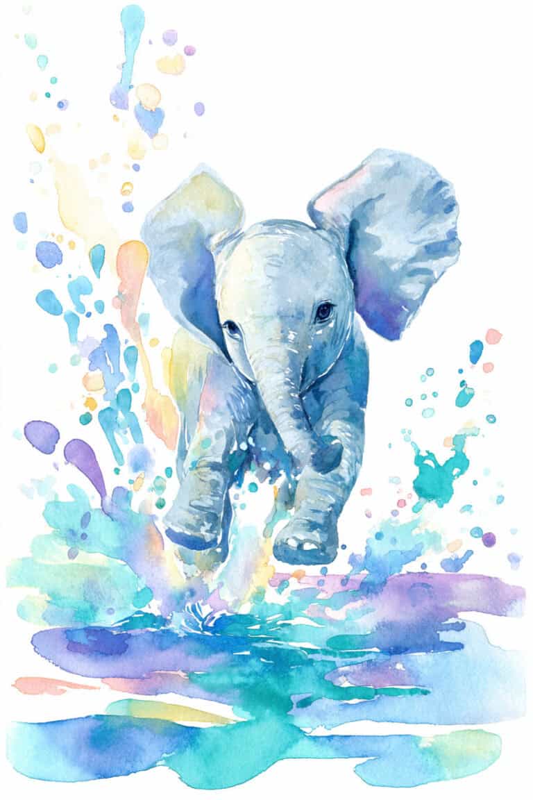 9. Elephant Splashing in Rainbow Puddles