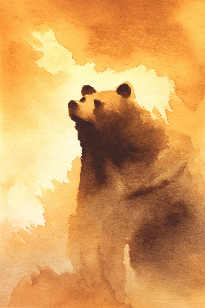 watercolor autumn forest creatures bear emerging from fog