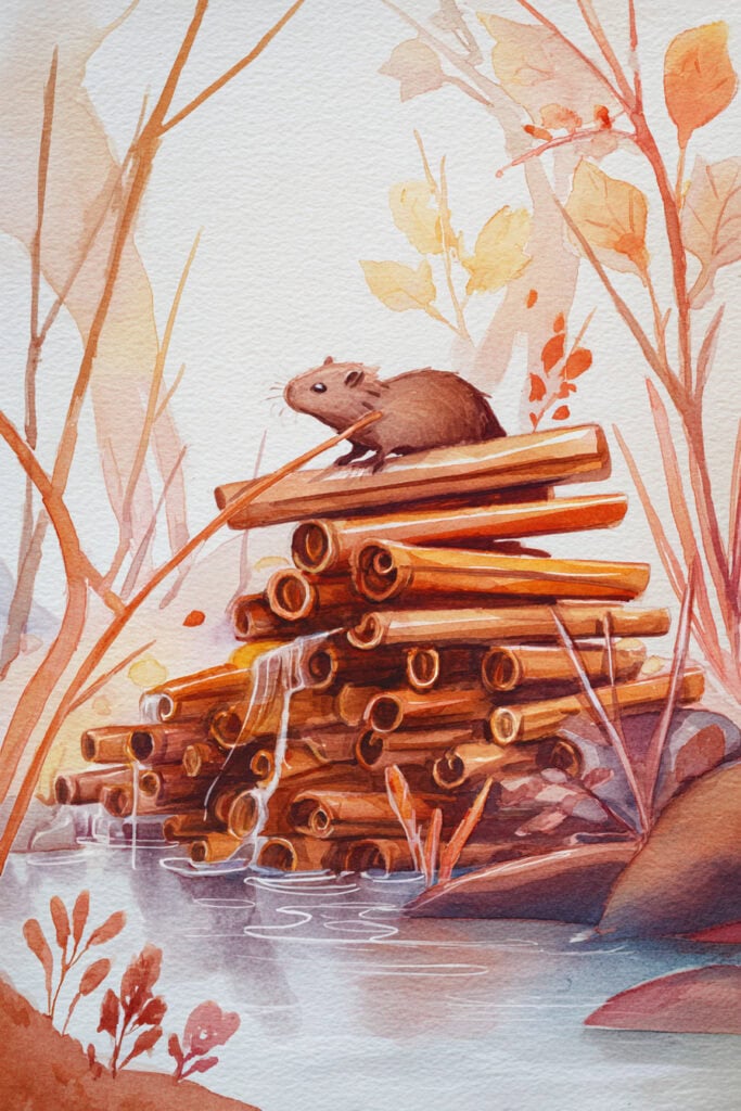 watercolor autumn forest creatures beaver cinnamon dam
