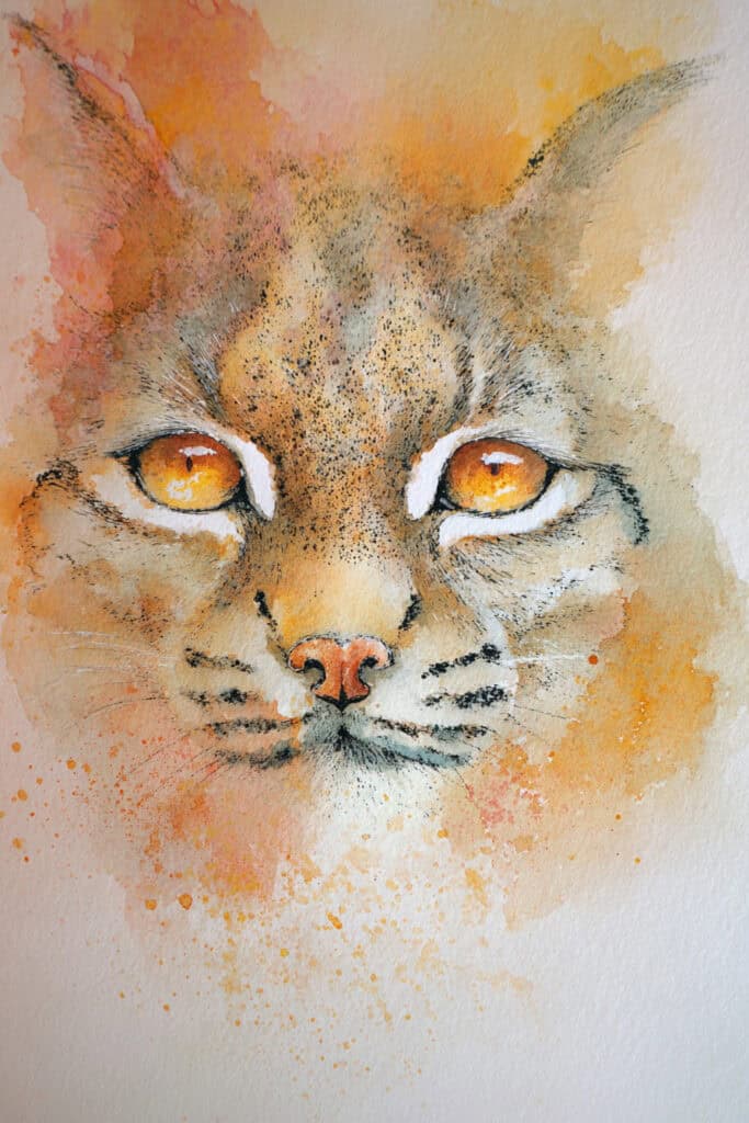 watercolor autumn forest creatures bobcat with harvest sky eyes