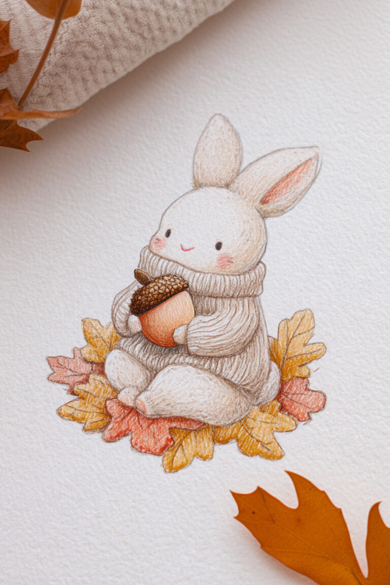 Bunny Sitting in Leaves with an Acorn