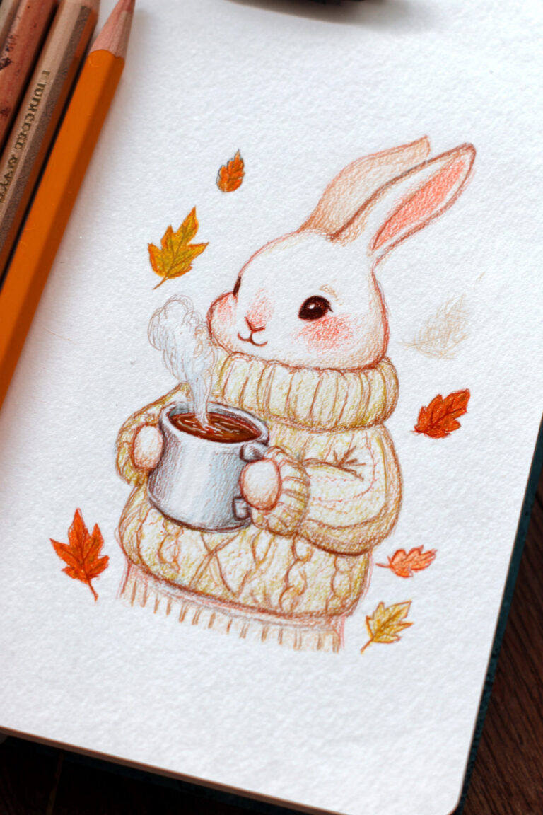 Bunny in a Knit Sweater Holding Cocoa