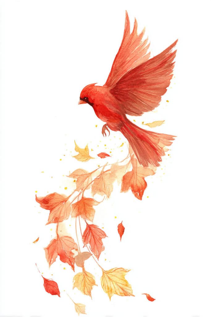 watercolor autumn forest creatures cardinal trailing maple leaves