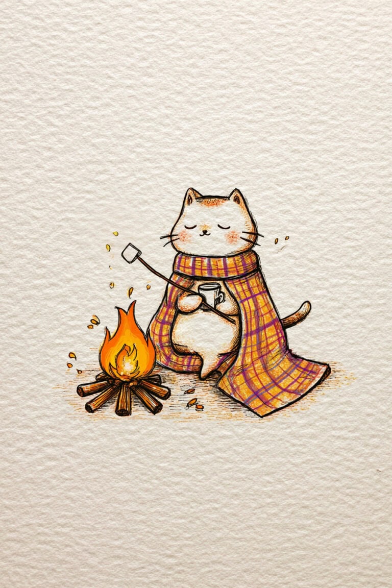 Cat Sitting by Campfire