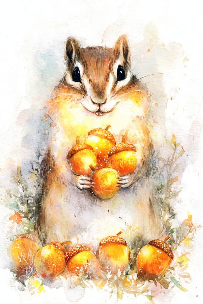 watercolor autumn forest creatures chipmunk with harvest moon cheeks