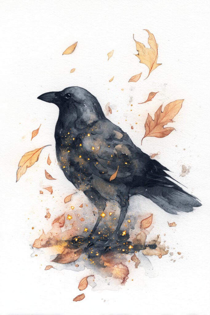 watercolor autumn forest creatures crow collecting star fragments