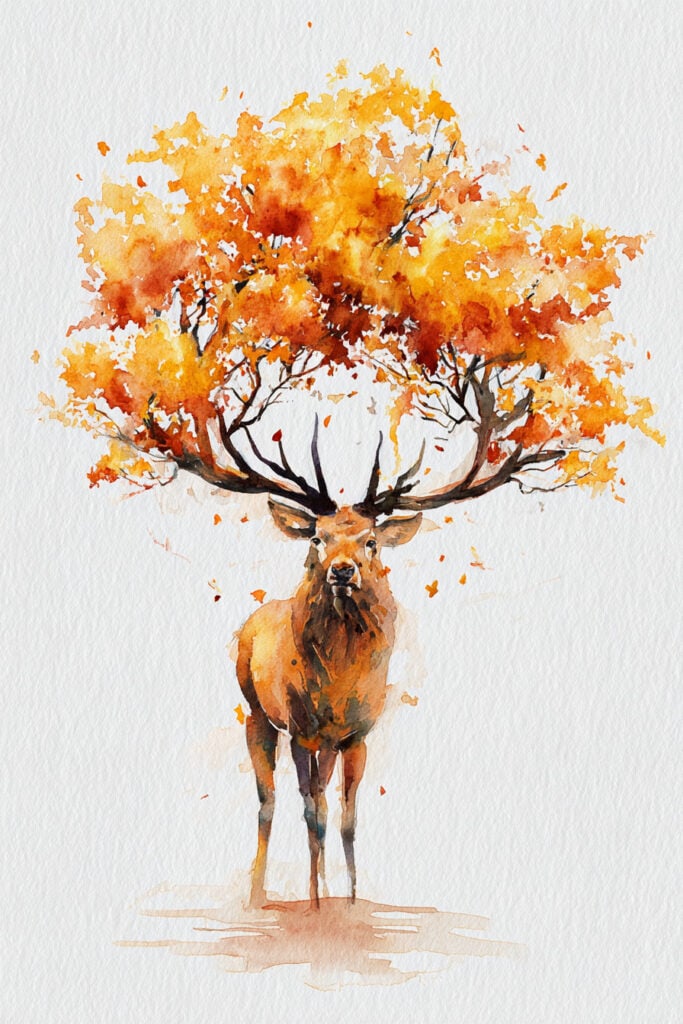 watercolor autumn forest creatures deer with blooming tree antlers