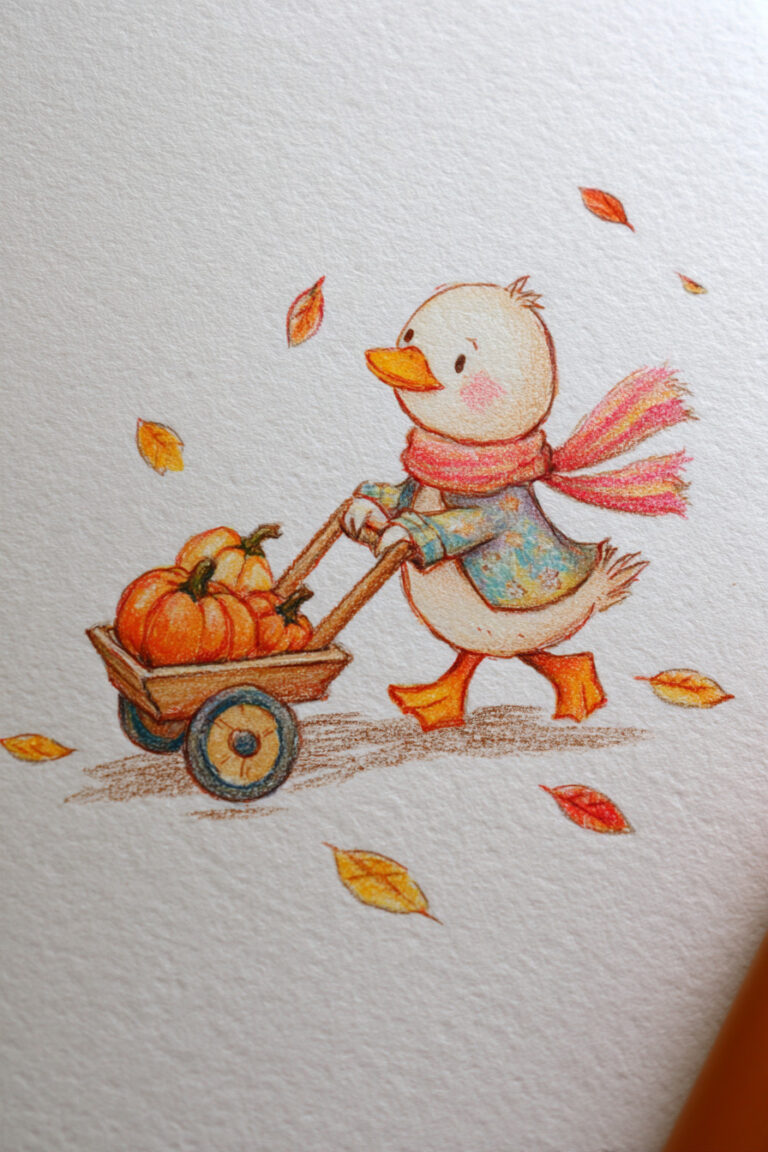 Duck Pulling a Tiny Wagon of Pumpkins