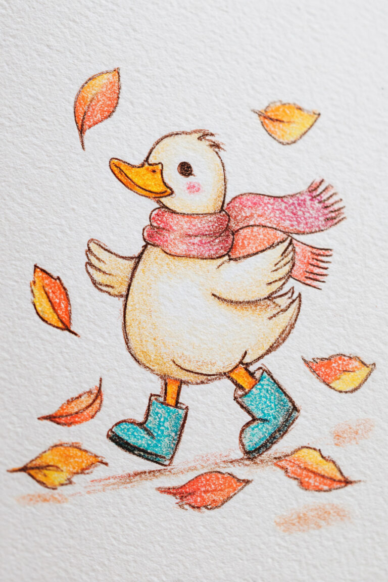 Duck in a Scarf and Boots Walking Through Falling Leaves