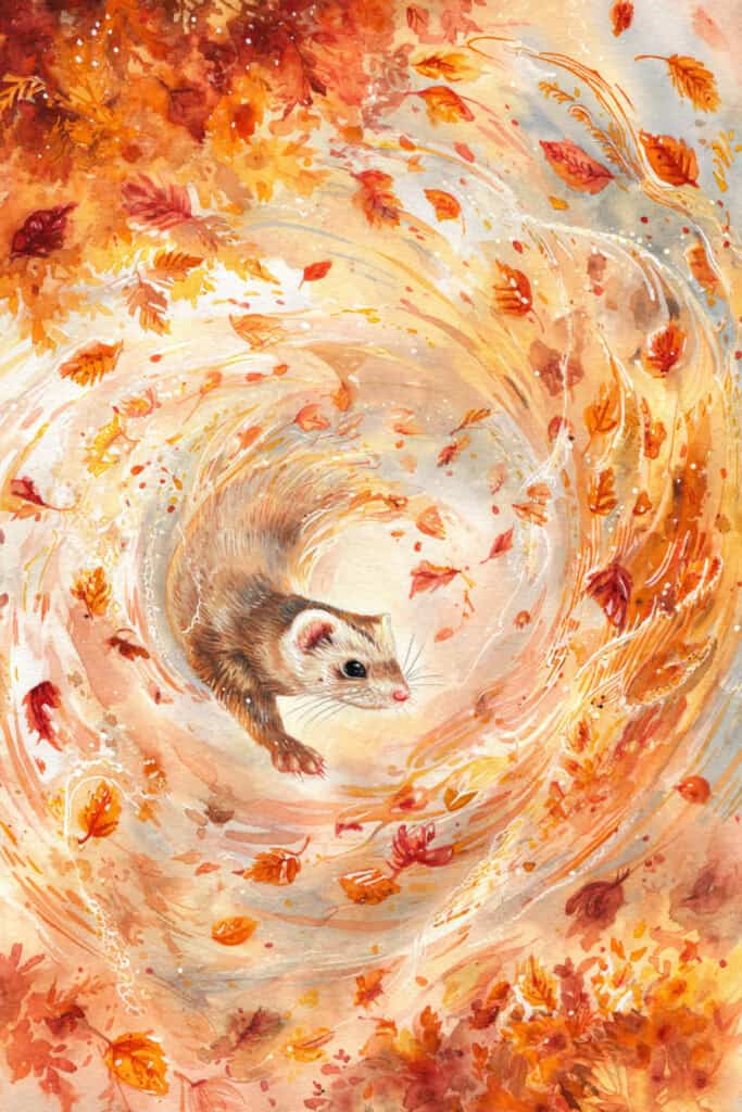 watercolor autumn forest creatures ferret with leaf tornado