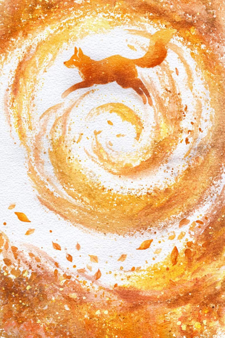 Fox Leaping Through Golden Leaf Galaxy