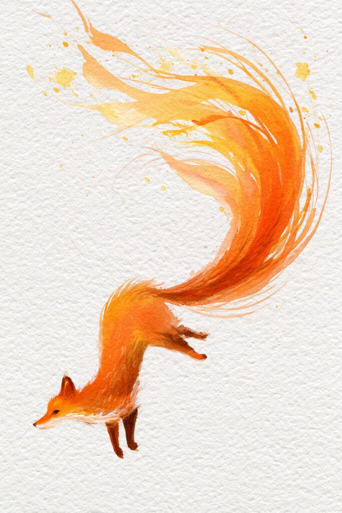 watercolor autumn forest creatures fox painting sky with tail