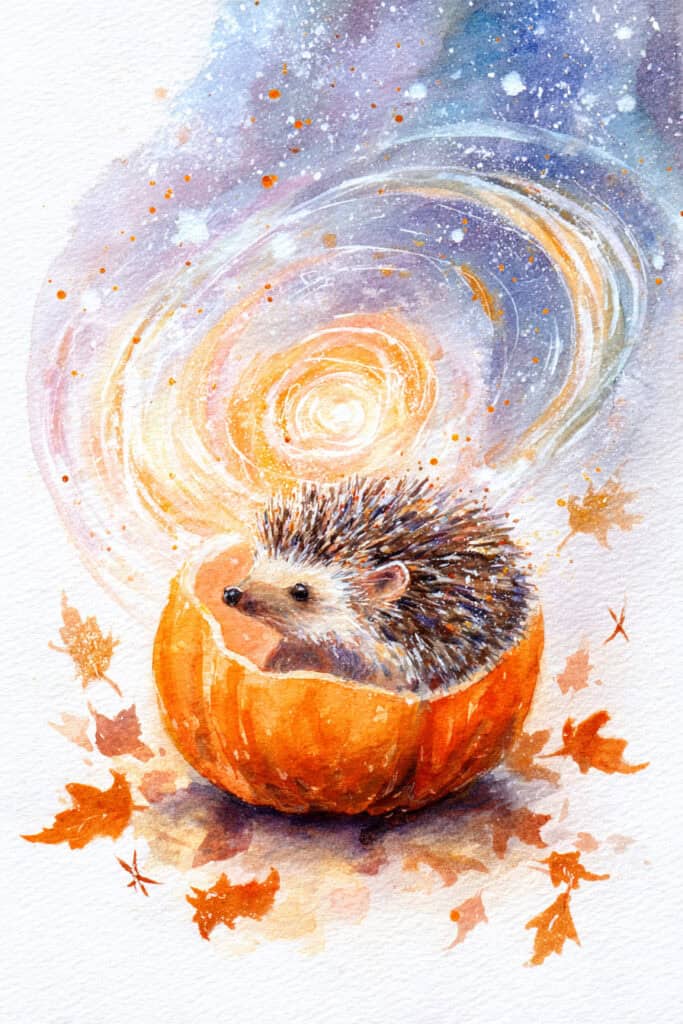 watercolor autumn forest creatures hedgehog with pumpkin universe