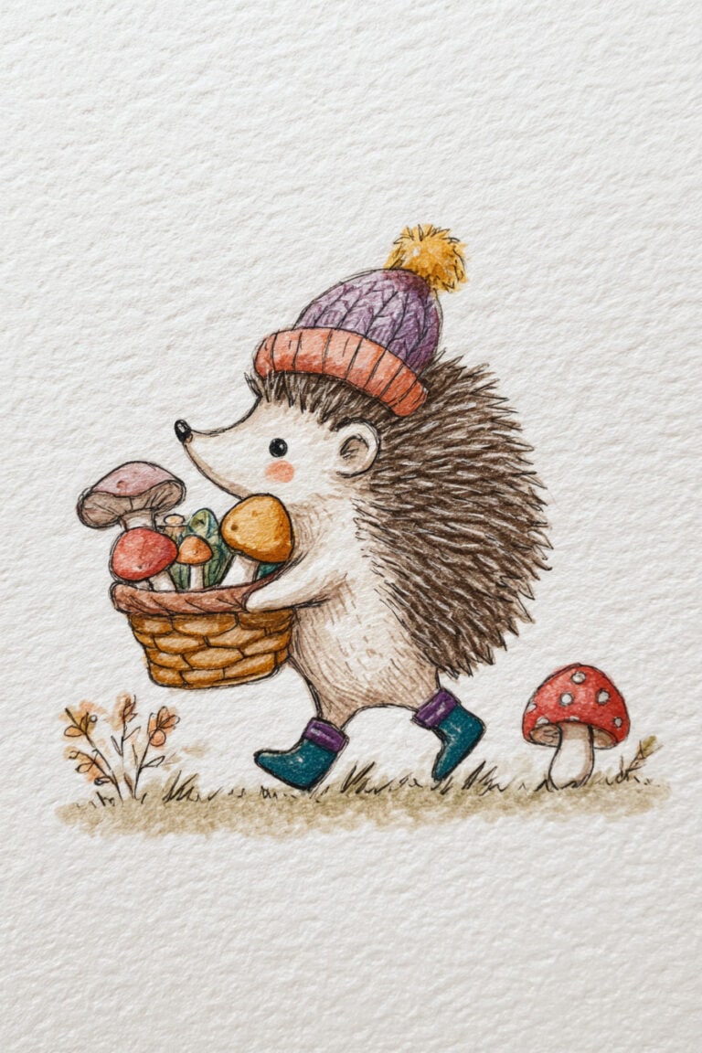 Hedgehog Collecting Mushrooms