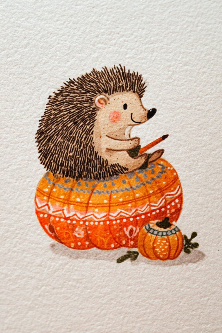 Hedgehog Painting a Pumpkin