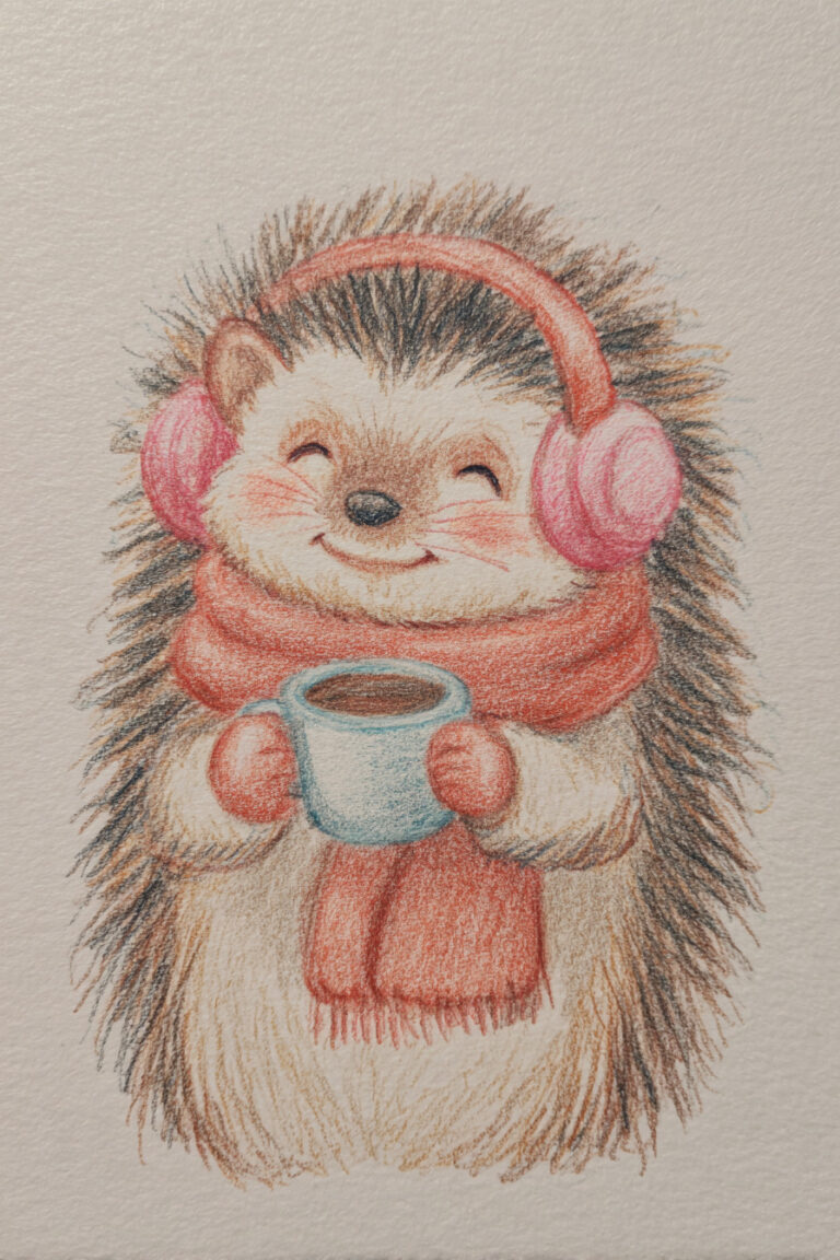 Hedgehog Wearing Earmuffs and Holding a Warm Drink