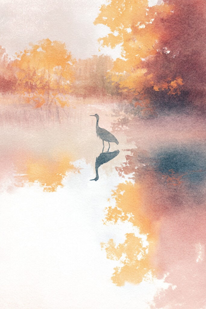 watercolor autumn forest creatures heron with autumn reflections