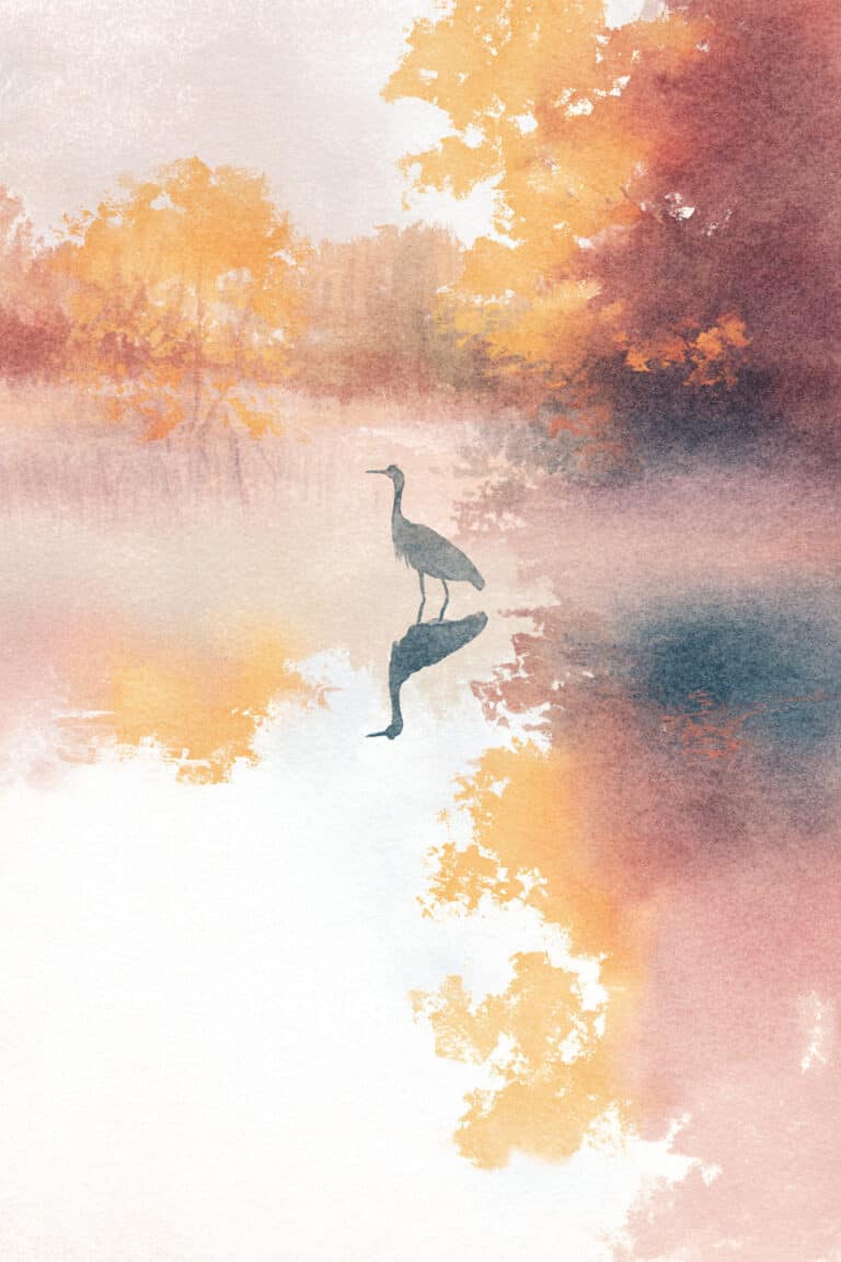 Heron Standing in Liquid Autumn Reflection