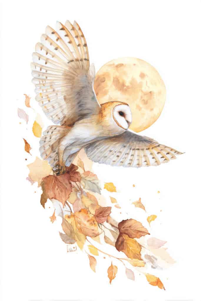 watercolor barn owl with autumn leaves and harvest moon